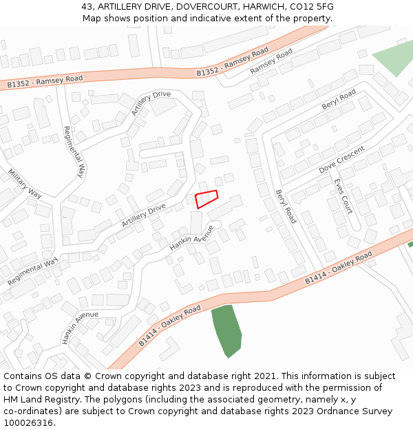 43, ARTILLERY DRIVE, DOVERCOURT, HARWICH, CO12 5FG: Location map and indicative extent of plot