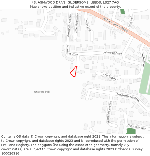 43, ASHWOOD DRIVE, GILDERSOME, LEEDS, LS27 7AG: Location map and indicative extent of plot