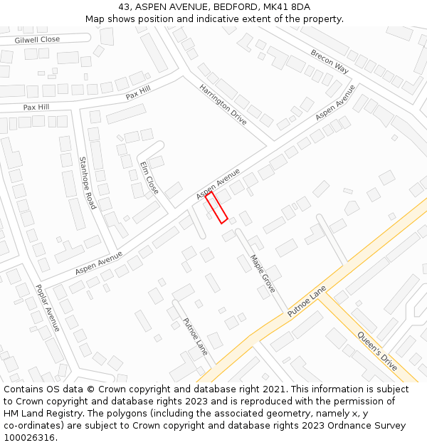 43, ASPEN AVENUE, BEDFORD, MK41 8DA: Location map and indicative extent of plot