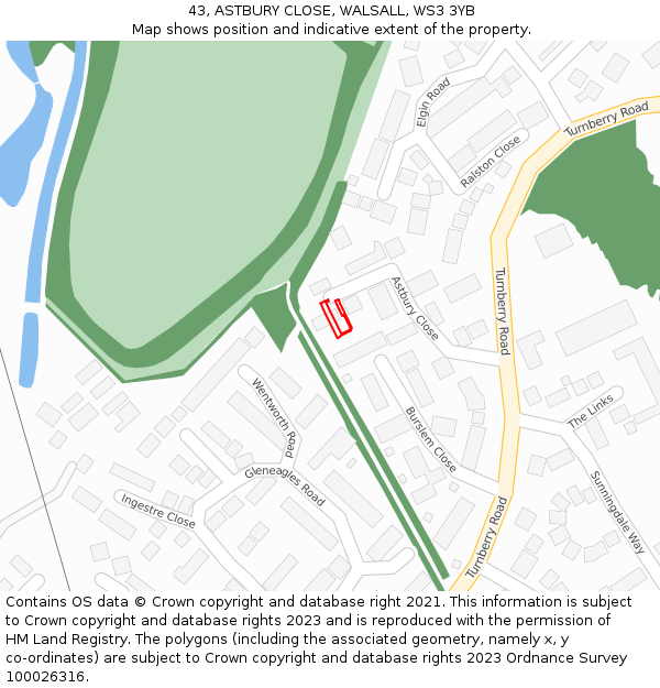 43, ASTBURY CLOSE, WALSALL, WS3 3YB: Location map and indicative extent of plot