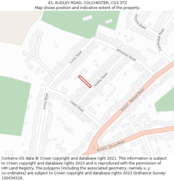 43, AUDLEY ROAD, COLCHESTER, CO3 3TZ: Location map and indicative extent of plot