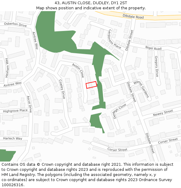 43, AUSTIN CLOSE, DUDLEY, DY1 2ST: Location map and indicative extent of plot
