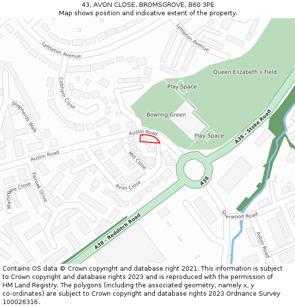 43, AVON CLOSE, BROMSGROVE, B60 3PE: Location map and indicative extent of plot