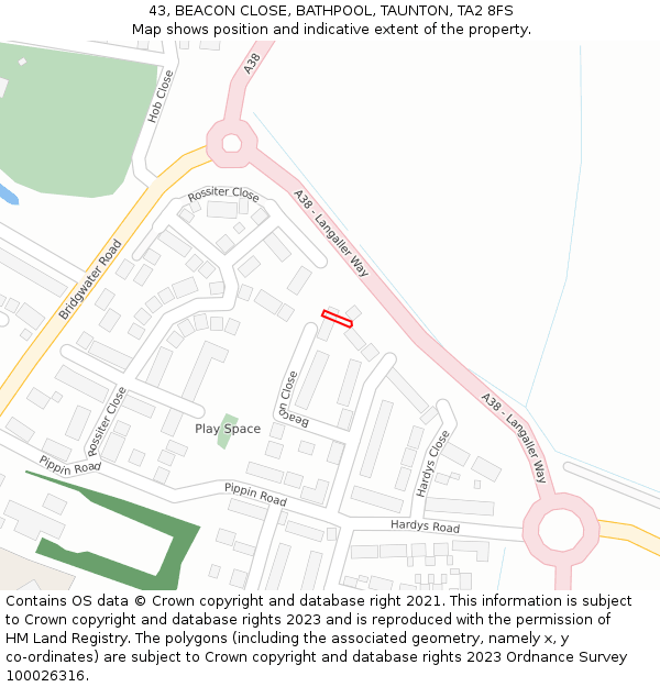 43, BEACON CLOSE, BATHPOOL, TAUNTON, TA2 8FS: Location map and indicative extent of plot