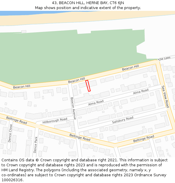 43, BEACON HILL, HERNE BAY, CT6 6JN: Location map and indicative extent of plot