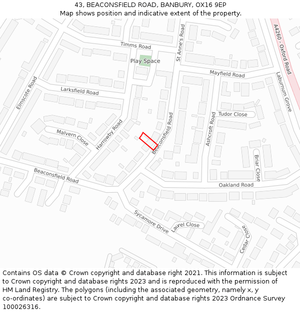 43, BEACONSFIELD ROAD, BANBURY, OX16 9EP: Location map and indicative extent of plot