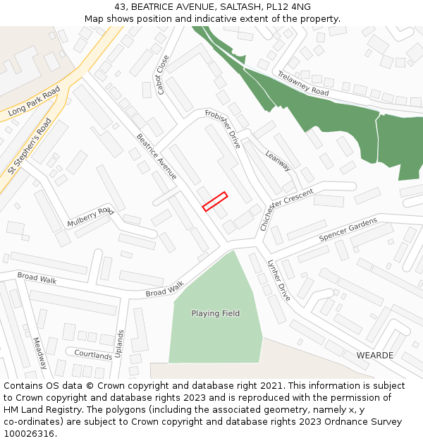 43, BEATRICE AVENUE, SALTASH, PL12 4NG: Location map and indicative extent of plot