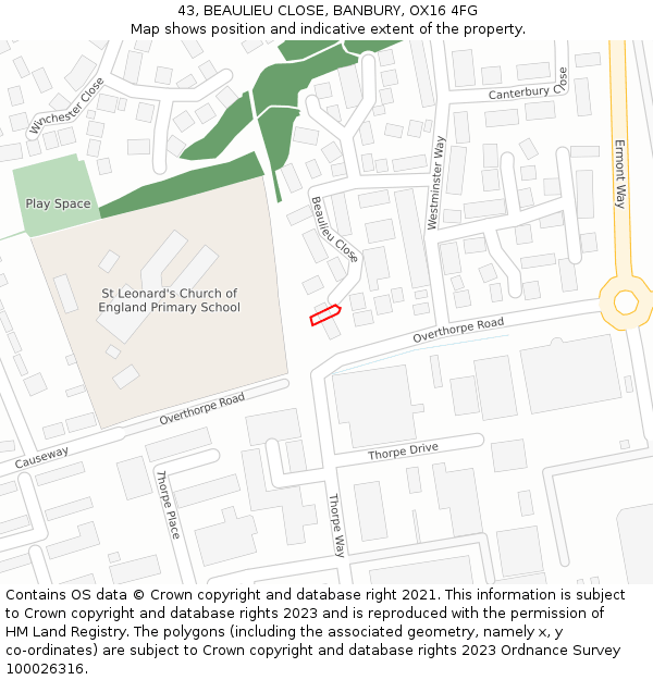 43, BEAULIEU CLOSE, BANBURY, OX16 4FG: Location map and indicative extent of plot