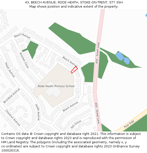 43, BEECH AVENUE, RODE HEATH, STOKE-ON-TRENT, ST7 3SH: Location map and indicative extent of plot