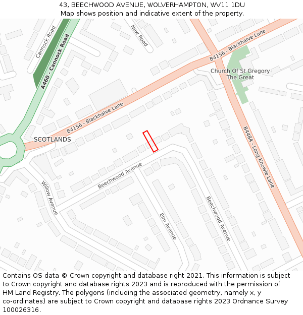 43, BEECHWOOD AVENUE, WOLVERHAMPTON, WV11 1DU: Location map and indicative extent of plot