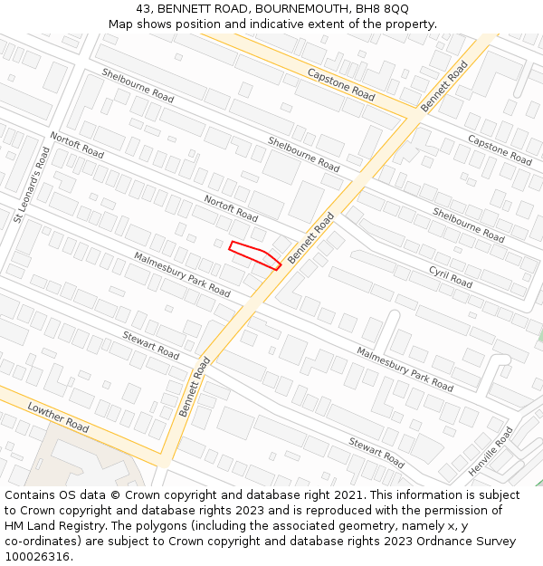 43, BENNETT ROAD, BOURNEMOUTH, BH8 8QQ: Location map and indicative extent of plot