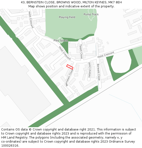 43, BERNSTEIN CLOSE, BROWNS WOOD, MILTON KEYNES, MK7 8EH: Location map and indicative extent of plot