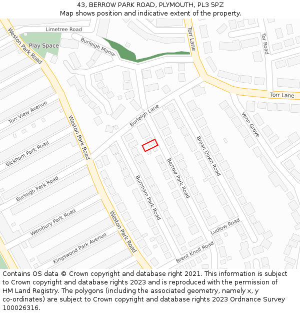 43, BERROW PARK ROAD, PLYMOUTH, PL3 5PZ: Location map and indicative extent of plot