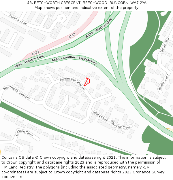 43, BETCHWORTH CRESCENT, BEECHWOOD, RUNCORN, WA7 2YA: Location map and indicative extent of plot