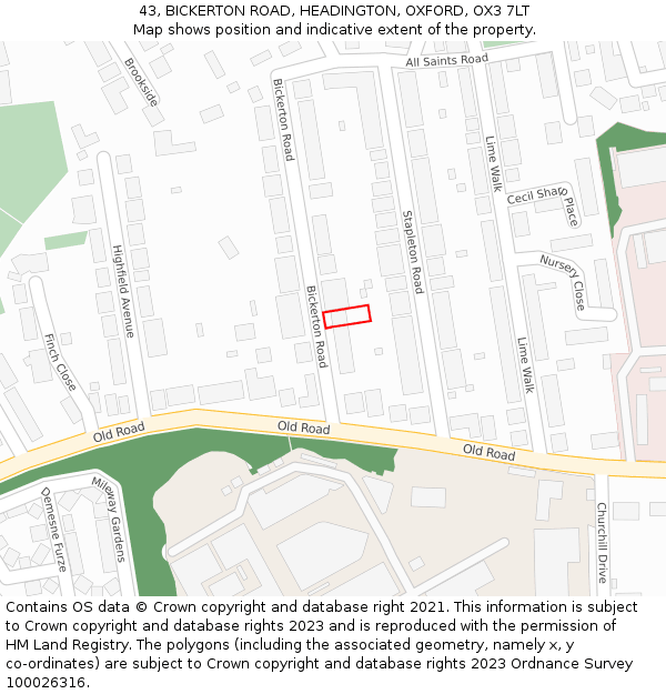 43, BICKERTON ROAD, HEADINGTON, OXFORD, OX3 7LT: Location map and indicative extent of plot