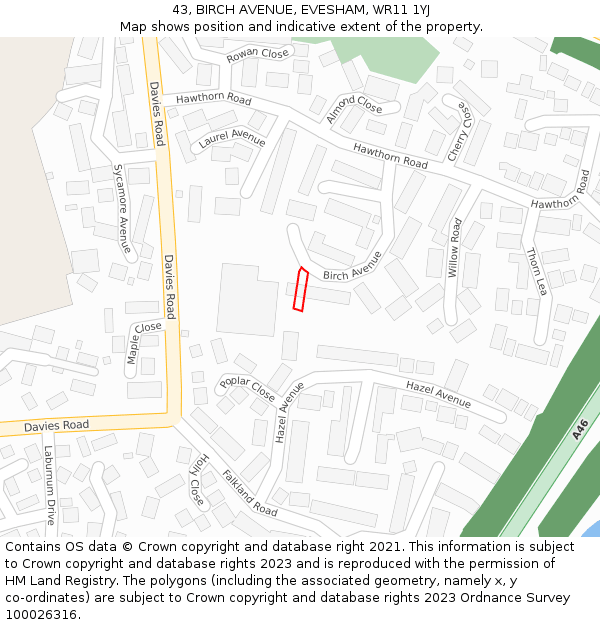 43, BIRCH AVENUE, EVESHAM, WR11 1YJ: Location map and indicative extent of plot