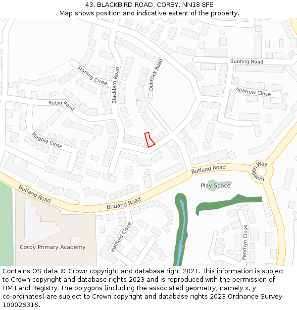 43, BLACKBIRD ROAD, CORBY, NN18 8FE: Location map and indicative extent of plot