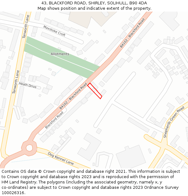 43, BLACKFORD ROAD, SHIRLEY, SOLIHULL, B90 4DA: Location map and indicative extent of plot