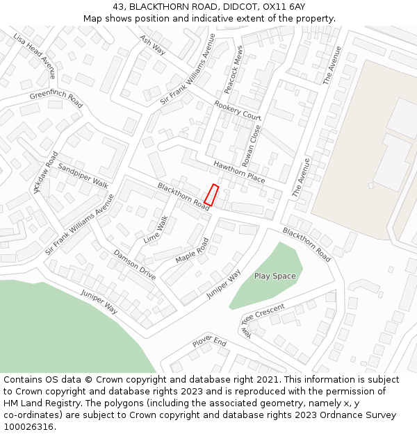 43, BLACKTHORN ROAD, DIDCOT, OX11 6AY: Location map and indicative extent of plot