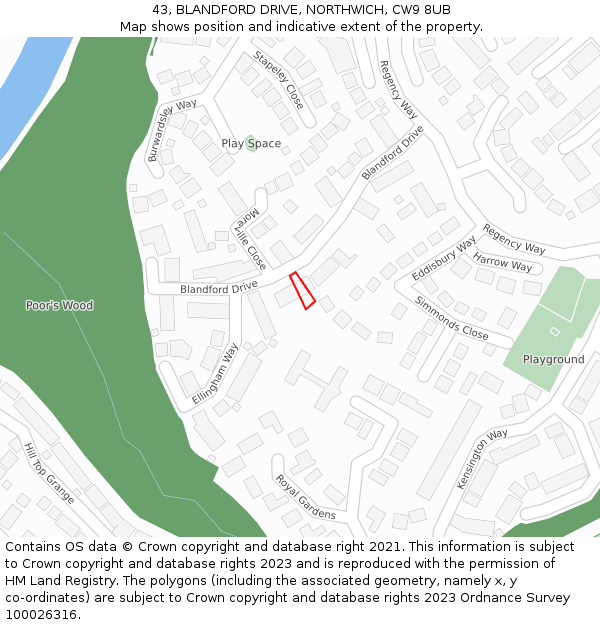 43, BLANDFORD DRIVE, NORTHWICH, CW9 8UB: Location map and indicative extent of plot