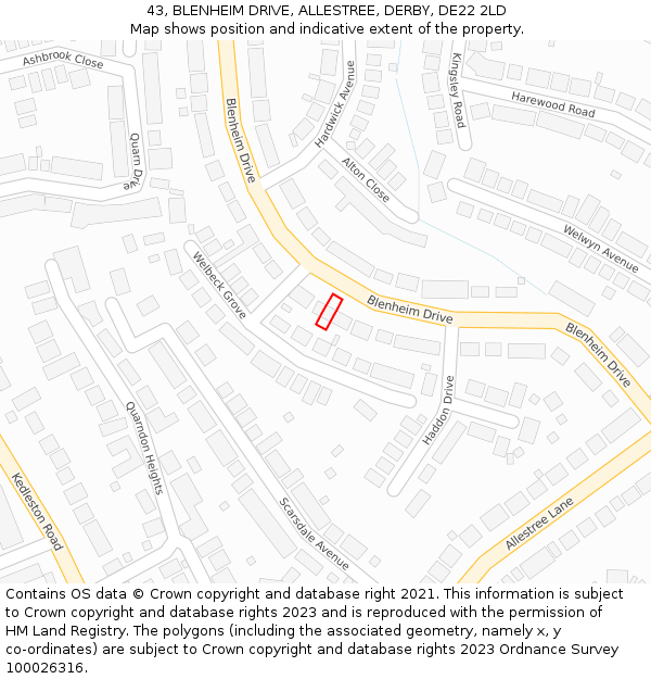 43, BLENHEIM DRIVE, ALLESTREE, DERBY, DE22 2LD: Location map and indicative extent of plot