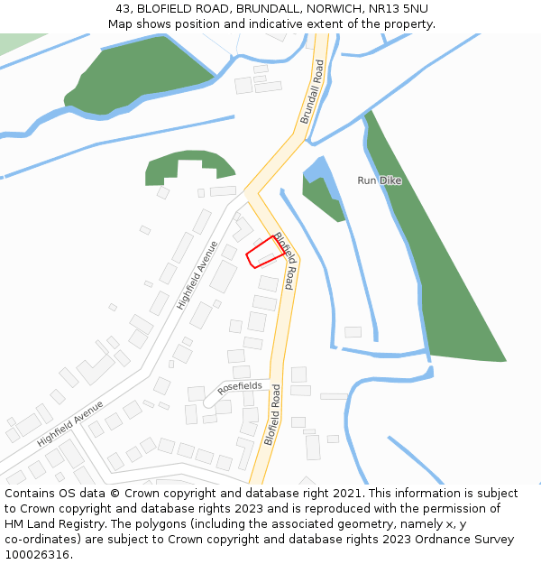 43, BLOFIELD ROAD, BRUNDALL, NORWICH, NR13 5NU: Location map and indicative extent of plot