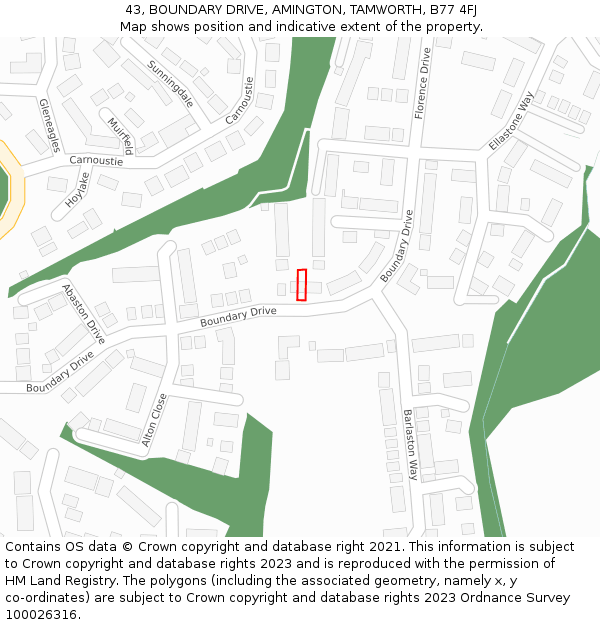 43, BOUNDARY DRIVE, AMINGTON, TAMWORTH, B77 4FJ: Location map and indicative extent of plot