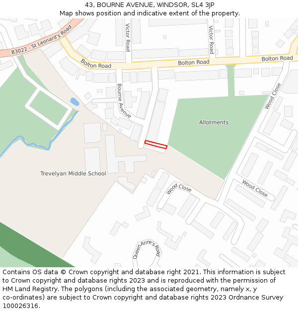 43, BOURNE AVENUE, WINDSOR, SL4 3JP: Location map and indicative extent of plot