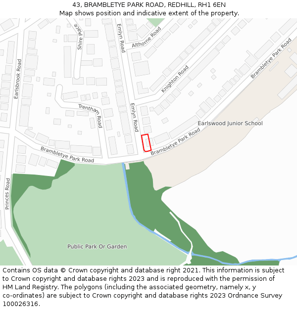 43, BRAMBLETYE PARK ROAD, REDHILL, RH1 6EN: Location map and indicative extent of plot