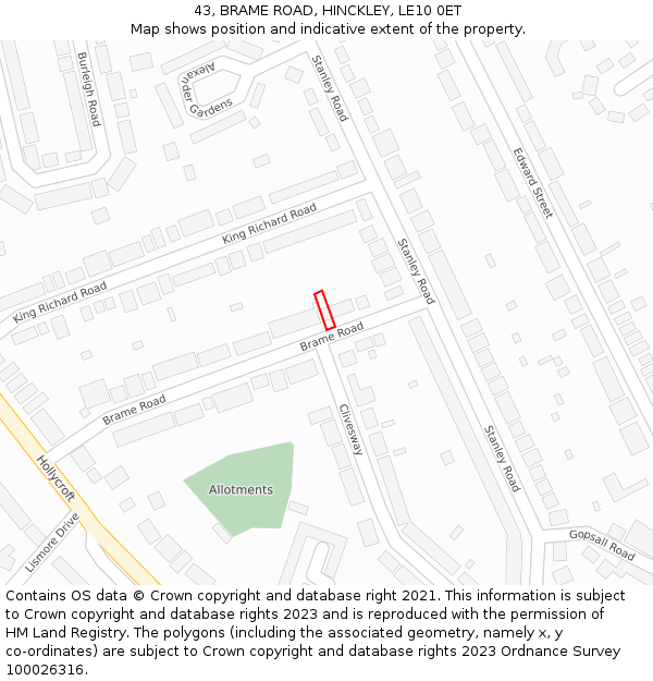 43, BRAME ROAD, HINCKLEY, LE10 0ET: Location map and indicative extent of plot