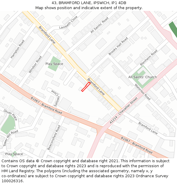 43, BRAMFORD LANE, IPSWICH, IP1 4DB: Location map and indicative extent of plot