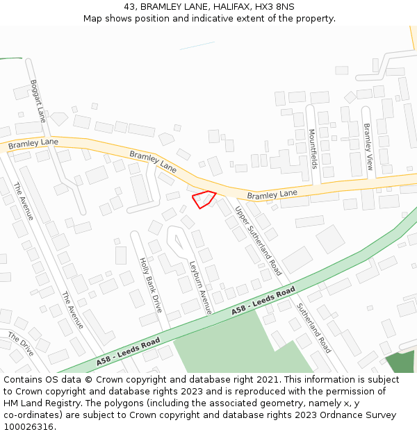 43, BRAMLEY LANE, HALIFAX, HX3 8NS: Location map and indicative extent of plot