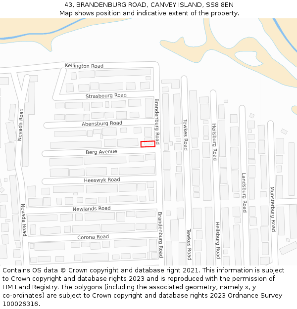 43, BRANDENBURG ROAD, CANVEY ISLAND, SS8 8EN: Location map and indicative extent of plot