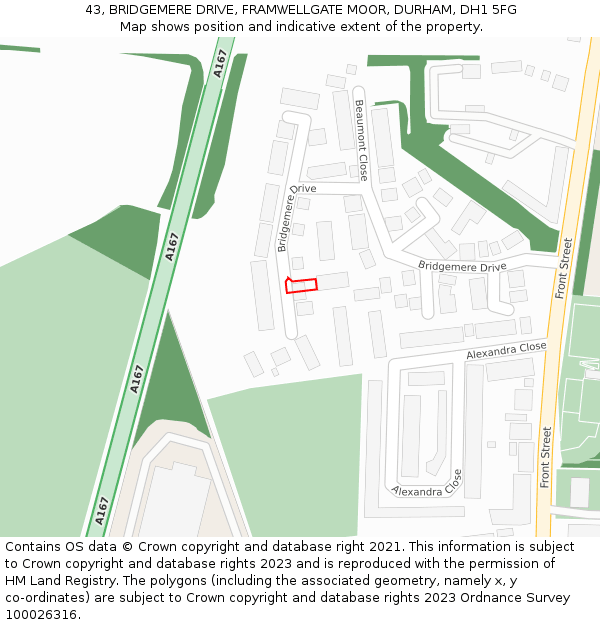 43, BRIDGEMERE DRIVE, FRAMWELLGATE MOOR, DURHAM, DH1 5FG: Location map and indicative extent of plot