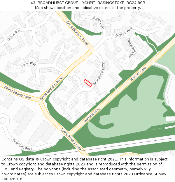 43, BROADHURST GROVE, LYCHPIT, BASINGSTOKE, RG24 8SB: Location map and indicative extent of plot