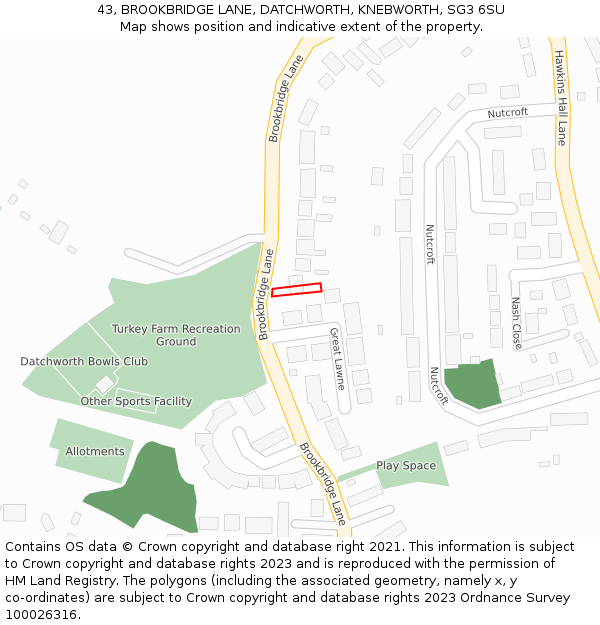 43, BROOKBRIDGE LANE, DATCHWORTH, KNEBWORTH, SG3 6SU: Location map and indicative extent of plot