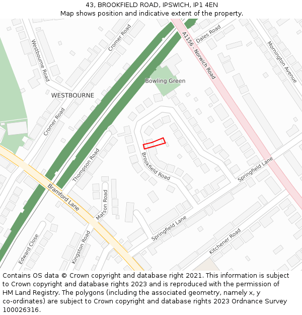 43, BROOKFIELD ROAD, IPSWICH, IP1 4EN: Location map and indicative extent of plot