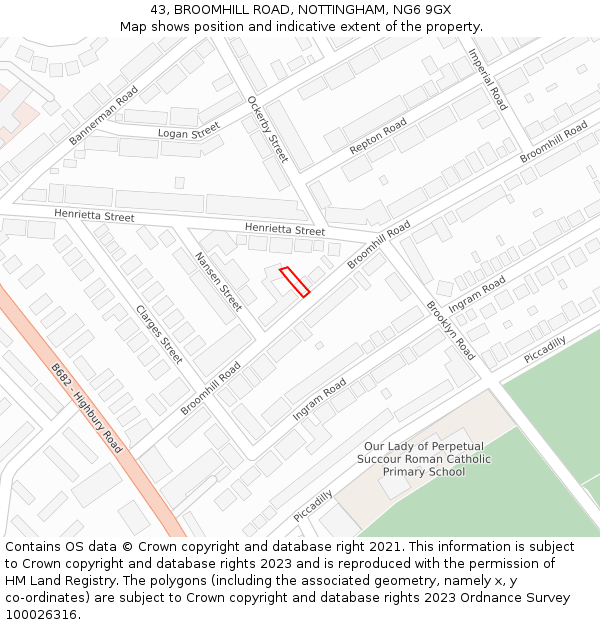 43, BROOMHILL ROAD, NOTTINGHAM, NG6 9GX: Location map and indicative extent of plot