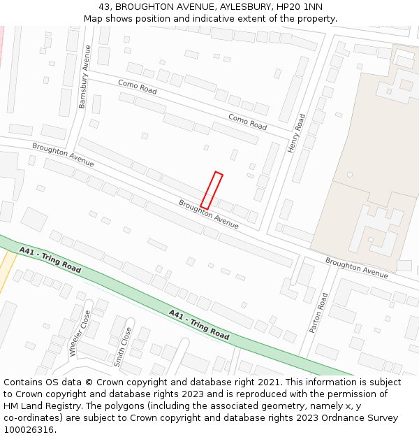 43, BROUGHTON AVENUE, AYLESBURY, HP20 1NN: Location map and indicative extent of plot