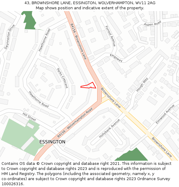 43, BROWNSHORE LANE, ESSINGTON, WOLVERHAMPTON, WV11 2AG: Location map and indicative extent of plot