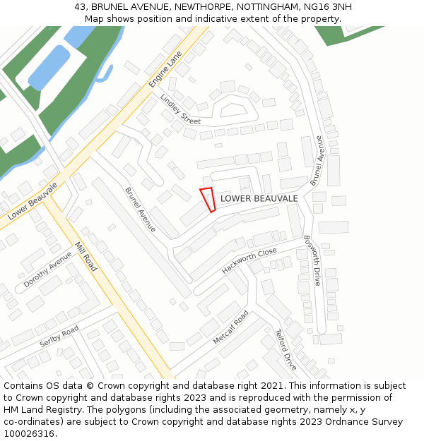 43, BRUNEL AVENUE, NEWTHORPE, NOTTINGHAM, NG16 3NH: Location map and indicative extent of plot