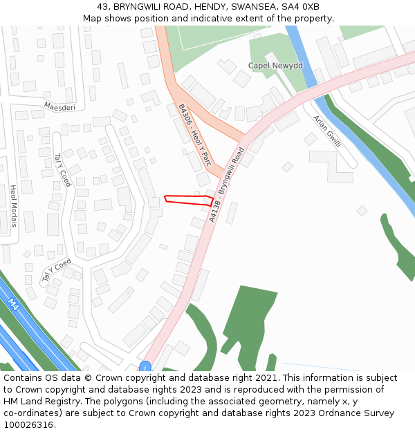 43, BRYNGWILI ROAD, HENDY, SWANSEA, SA4 0XB: Location map and indicative extent of plot