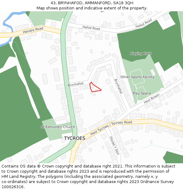 43, BRYNHAFOD, AMMANFORD, SA18 3QH: Location map and indicative extent of plot