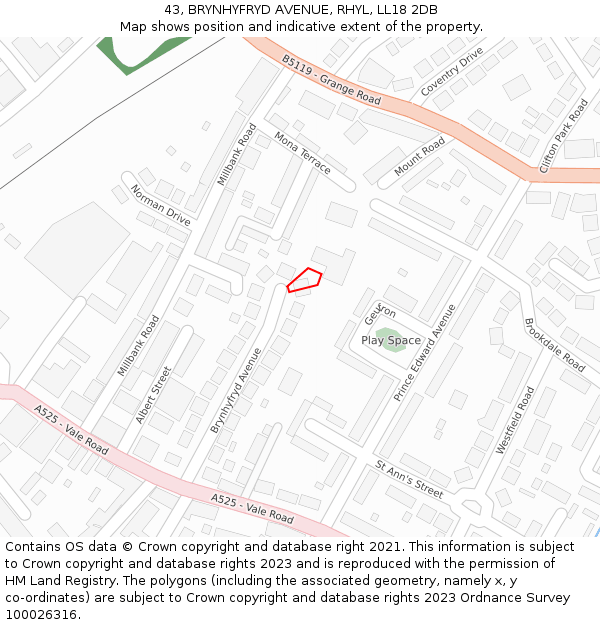 43, BRYNHYFRYD AVENUE, RHYL, LL18 2DB: Location map and indicative extent of plot