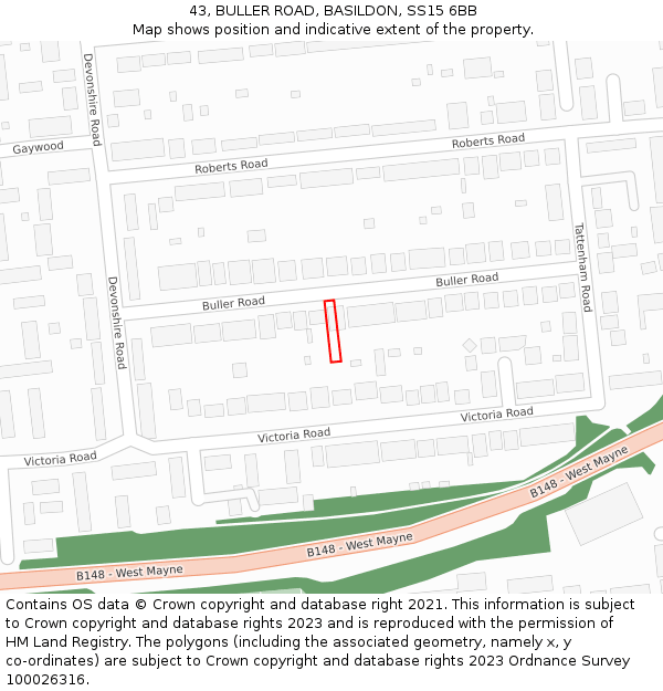 43, BULLER ROAD, BASILDON, SS15 6BB: Location map and indicative extent of plot