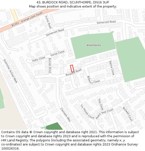 43, BURDOCK ROAD, SCUNTHORPE, DN16 3UP: Location map and indicative extent of plot