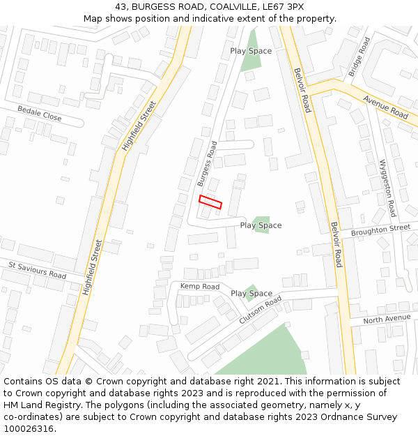 43, BURGESS ROAD, COALVILLE, LE67 3PX: Location map and indicative extent of plot