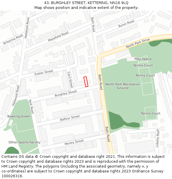 43, BURGHLEY STREET, KETTERING, NN16 9LQ: Location map and indicative extent of plot