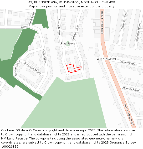 43, BURNSIDE WAY, WINNINGTON, NORTHWICH, CW8 4XR: Location map and indicative extent of plot