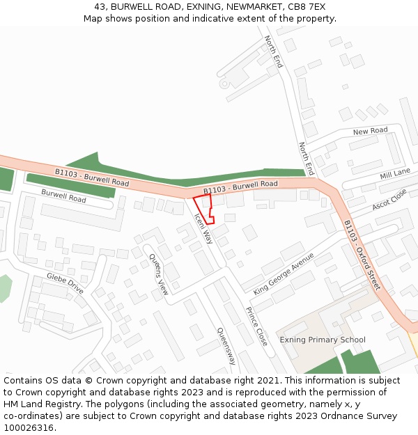 43, BURWELL ROAD, EXNING, NEWMARKET, CB8 7EX: Location map and indicative extent of plot